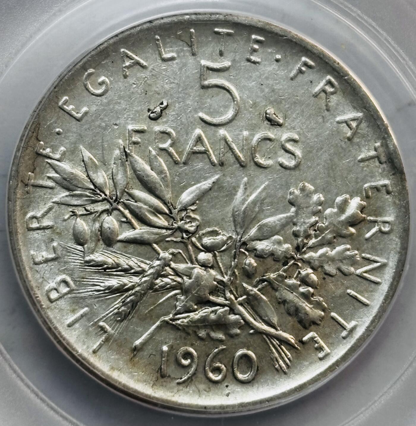 文馨钱币收藏第 282 场，【 长期接收代拍品】，加拿大老铜代用币，银币，德三系列场 公博评级 MS62 分 1960 年法国播种女神 5 法郎大姨妈 835 高银