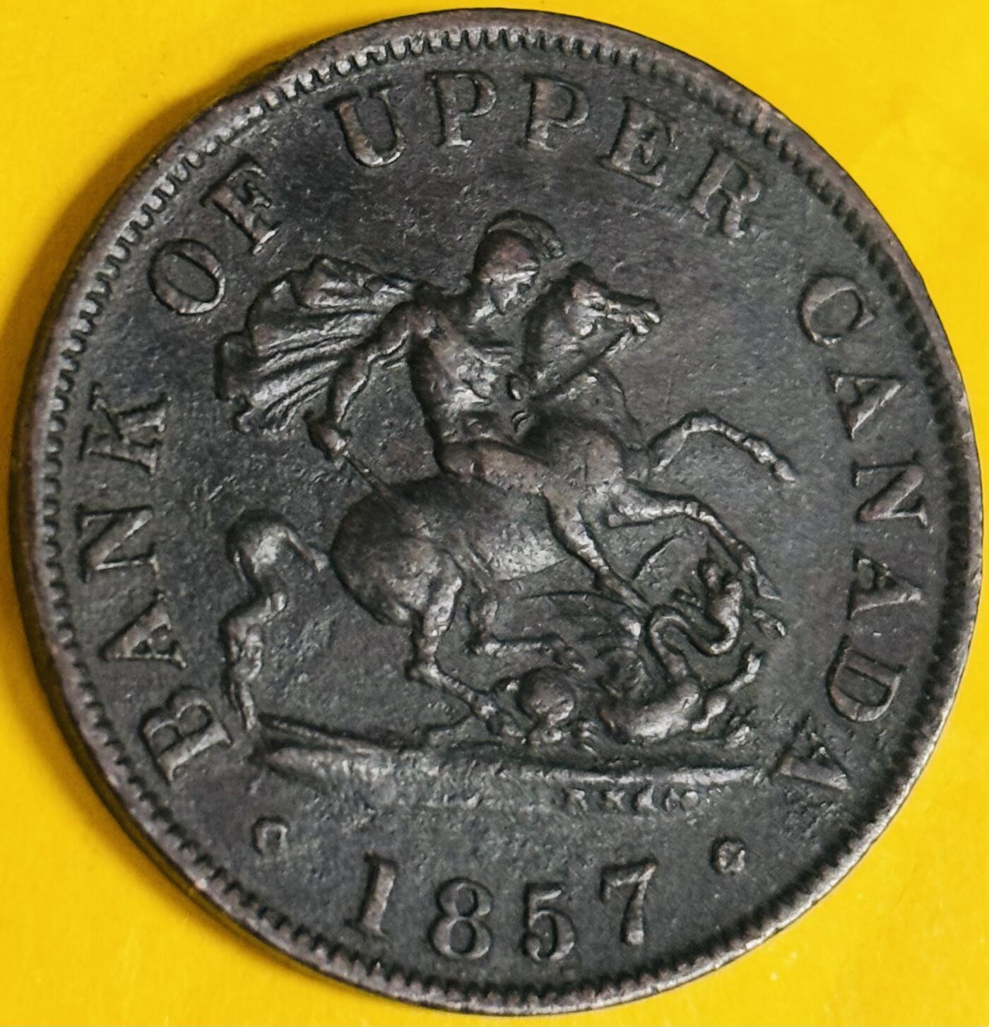 文馨钱币收藏第 282 场，【 长期接收代拍品】，加拿大老铜代用币，银币，德三系列场 稀少巧克力包浆英属加拿大：上加拿大1857 年1/2便士 马剑 铜币 