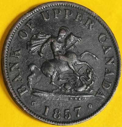 文馨钱币收藏第 282 场，【 长期接收代拍品】，加拿大老铜代用币，银币，德三系列场 - 稀少巧克力包浆英属加拿大：上加拿大1857 年1/2便士 马剑 铜币 