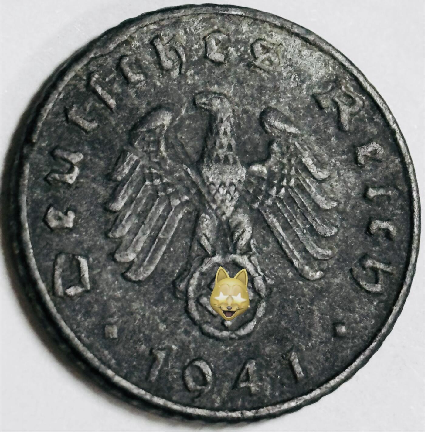 文馨钱币收藏第 282 场，【 长期接收代拍品】，加拿大老铜代用币，银币，德三系列场 极美品 1941 年德三帝国 5 芬尼锌币 A 标，锌币保存不错，收藏不错