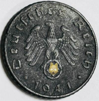 文馨钱币收藏第 282 场，【 长期接收代拍品】，加拿大老铜代用币，银币，德三系列场 - 极美品 1941 年德三帝国 5 芬尼锌币 A 标，锌币保存不错，收藏不错