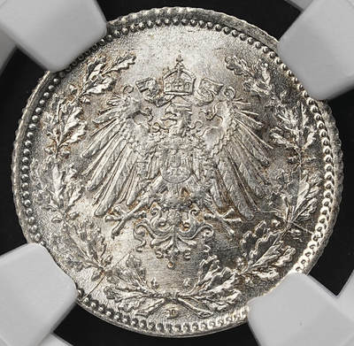 修遠堂世界钱币第九十四期 - NGC MS67 1918年德国1/2马克银币 D厂铭