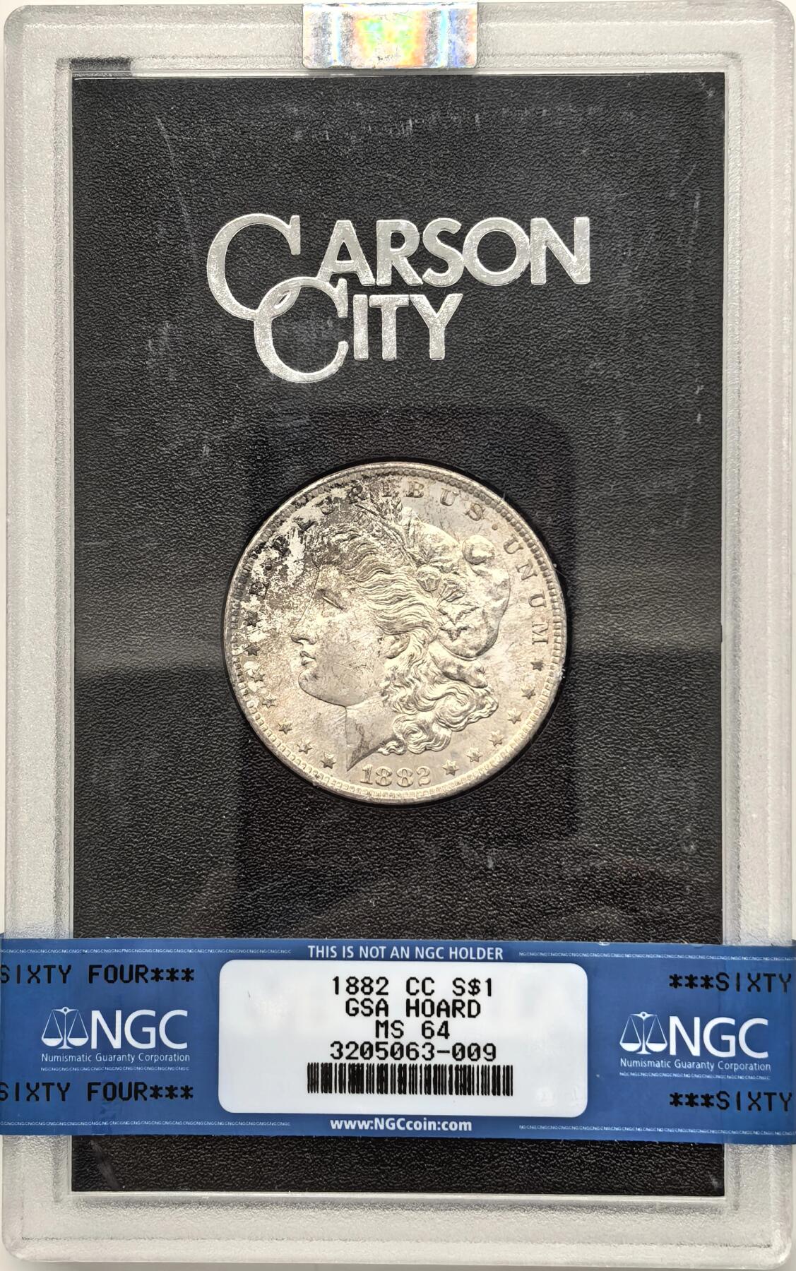 博洋堂藏家专场系列之美国钱币白金之夜专场暨第148期（全场包邮） NGC MS64 美国1882 CC 摩根 卡森厂 GSA大封装 人像面覆盖老包浆 高分难得 十字转光