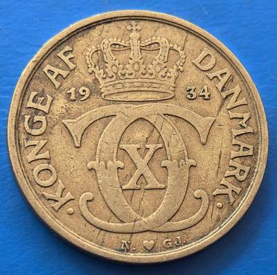 外国优质老铜币银币，未完待续 - 丹麦1934年1克朗