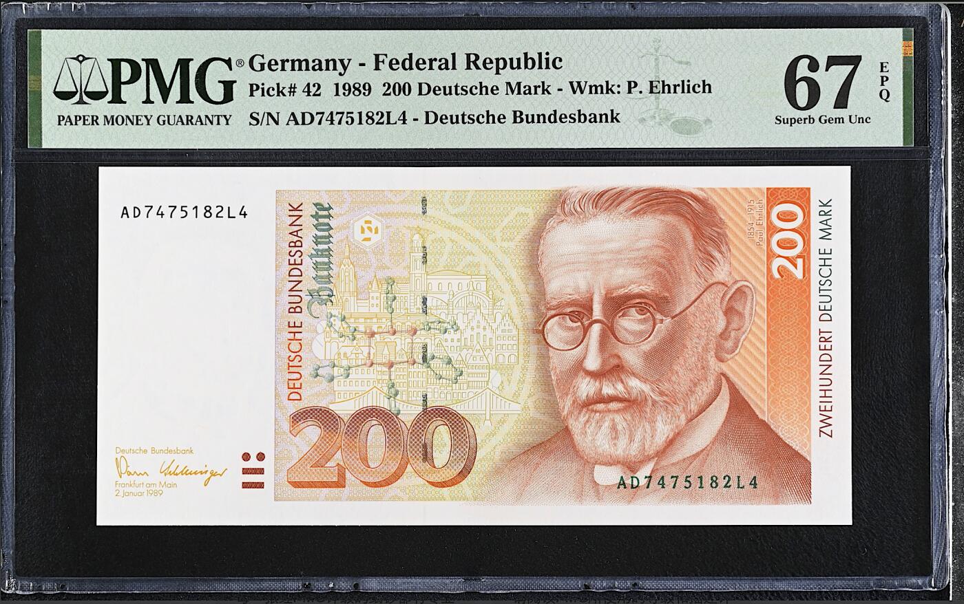 《艾美收藏》第221期-11.23周日黄金场精品荟萃 德国200马克 PMG67E 1989年 德国医学家埃尔利希