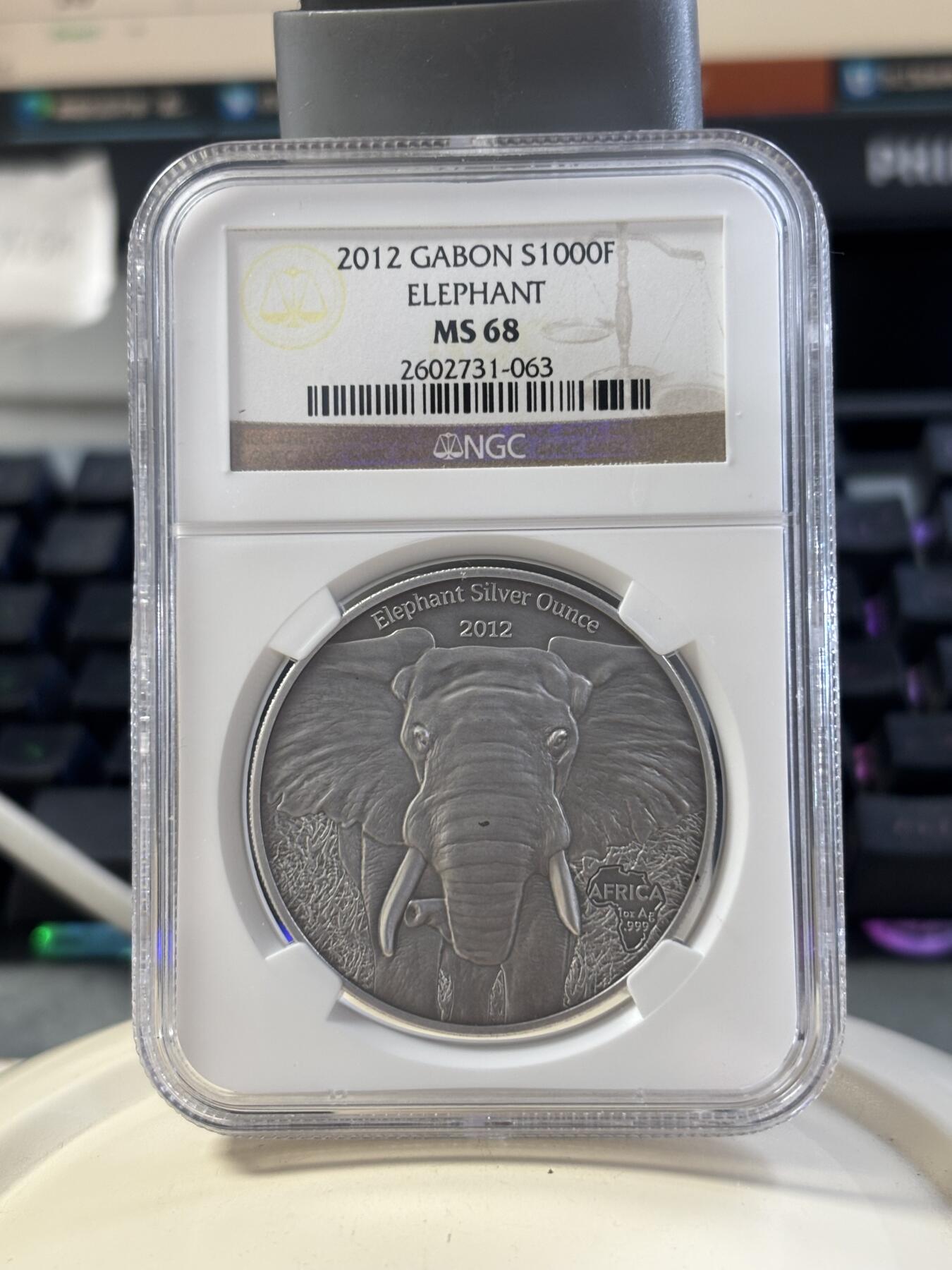 第182期拍卖 加蓬2012年非洲野生动物系列大象仿古银币NGC-MS68，1盎司，999银