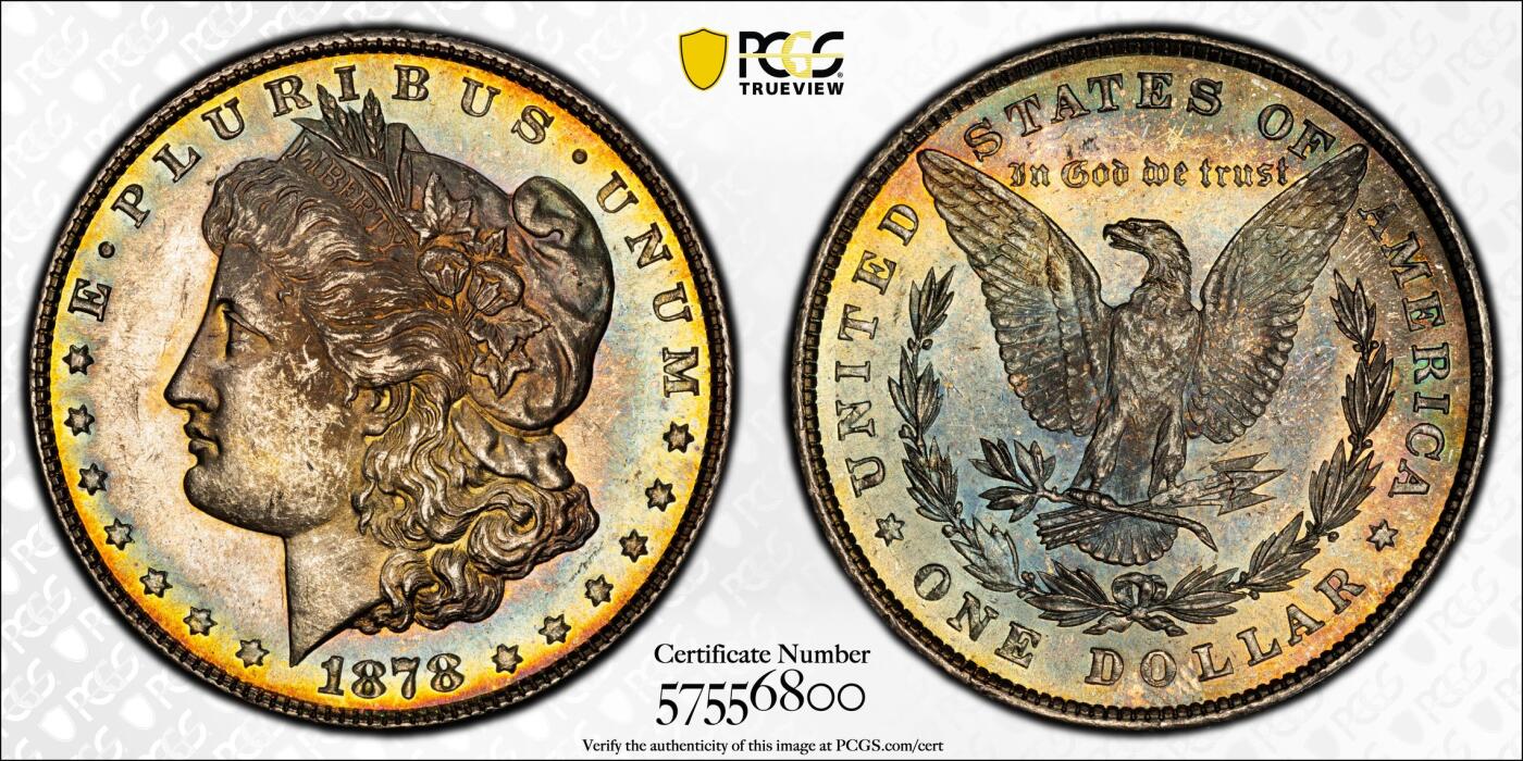 博洋堂藏家专场系列之美国钱币白金之夜专场暨第148期（全场包邮） PCGS MS62 美国1878 首年摩根 8TF 八羽 双面覆盖五彩包浆 此版别难得美艳包浆