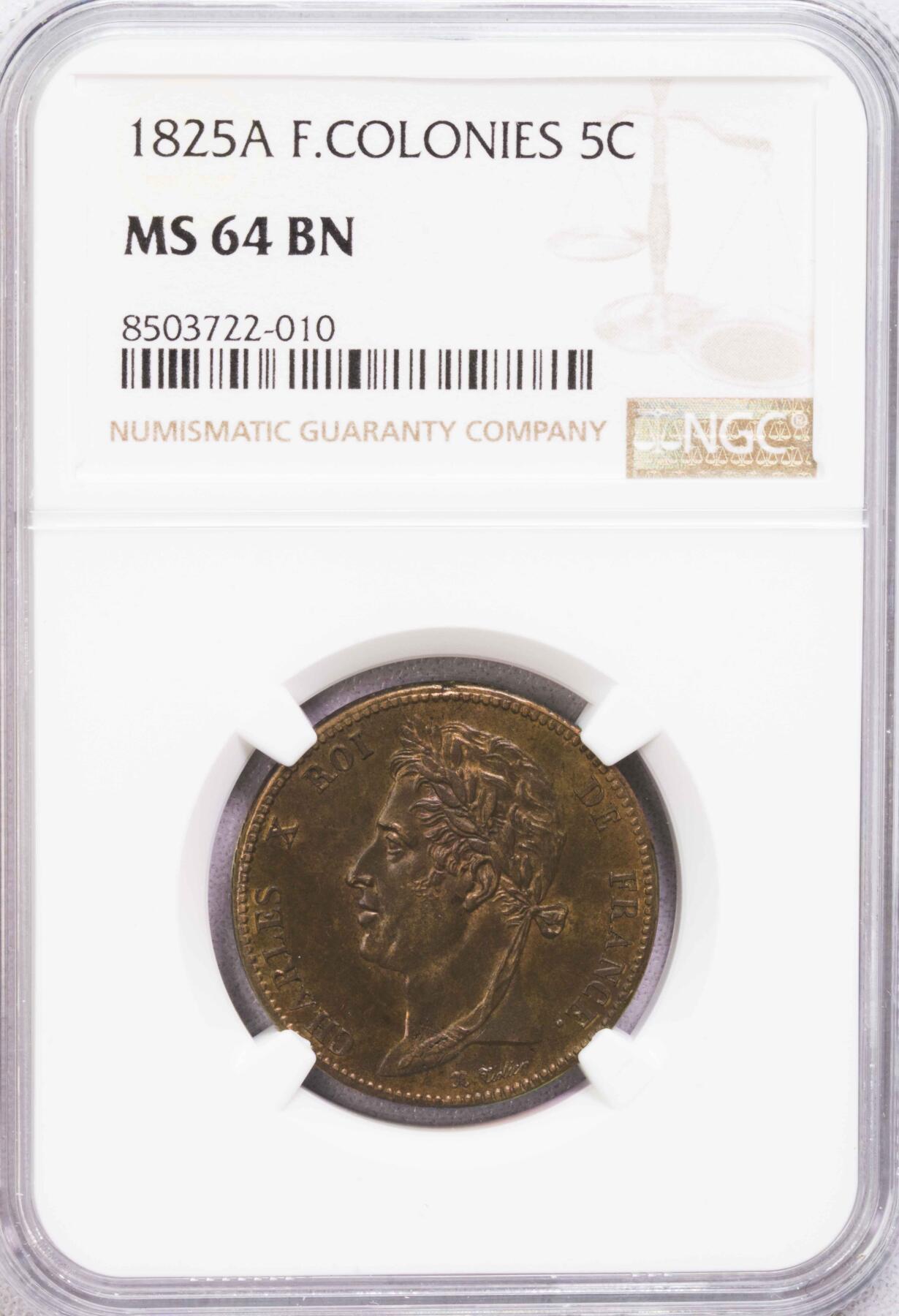 NGC-MS64BN 1825法属殖民地5分铜币原铜光BU