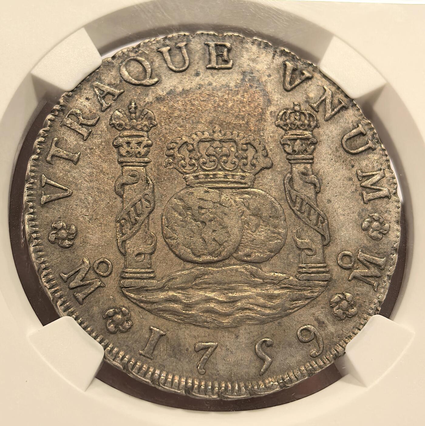 博洋堂世界钱币拍卖第147期（全场包邮） NGC AUD 西属墨西哥1759年地球双柱，给了清洗，这枚感觉应该有分的，会处理的可以拿去试下