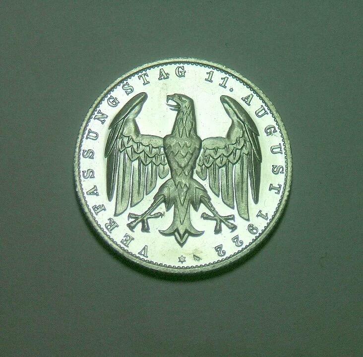 德国魏玛1922年J版3马克 稀少精制PROOF版