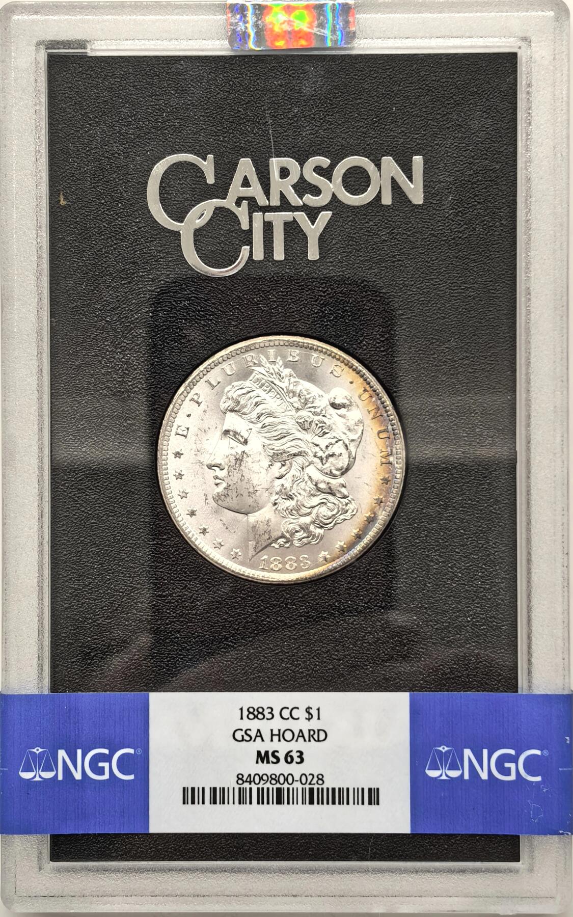 博洋堂藏家专场系列之美国钱币白金之夜专场暨第148期（全场包邮） NGC MS63 美国1883 CC 摩根 卡森厂 GSA大封装 人像面月牙形彩虹包浆 高分难得 十字转光