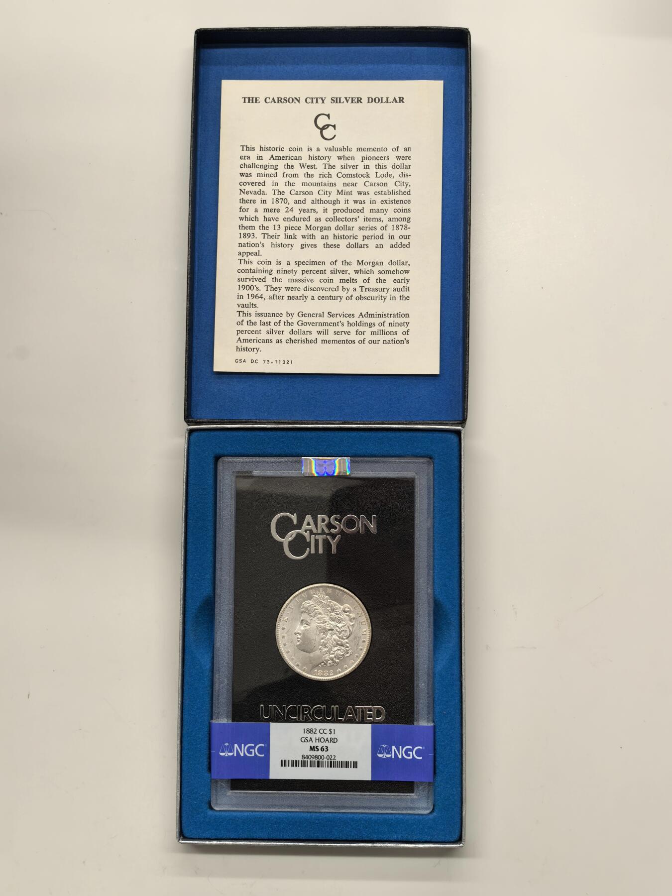 博洋堂藏家专场系列之美国钱币白金之夜专场暨第148期（全场包邮） NGC MS63 美国1882 CC 摩根 卡森厂 GSA大封装 附原盒 双面覆盖淡黄色包浆 高分难得 十字转光