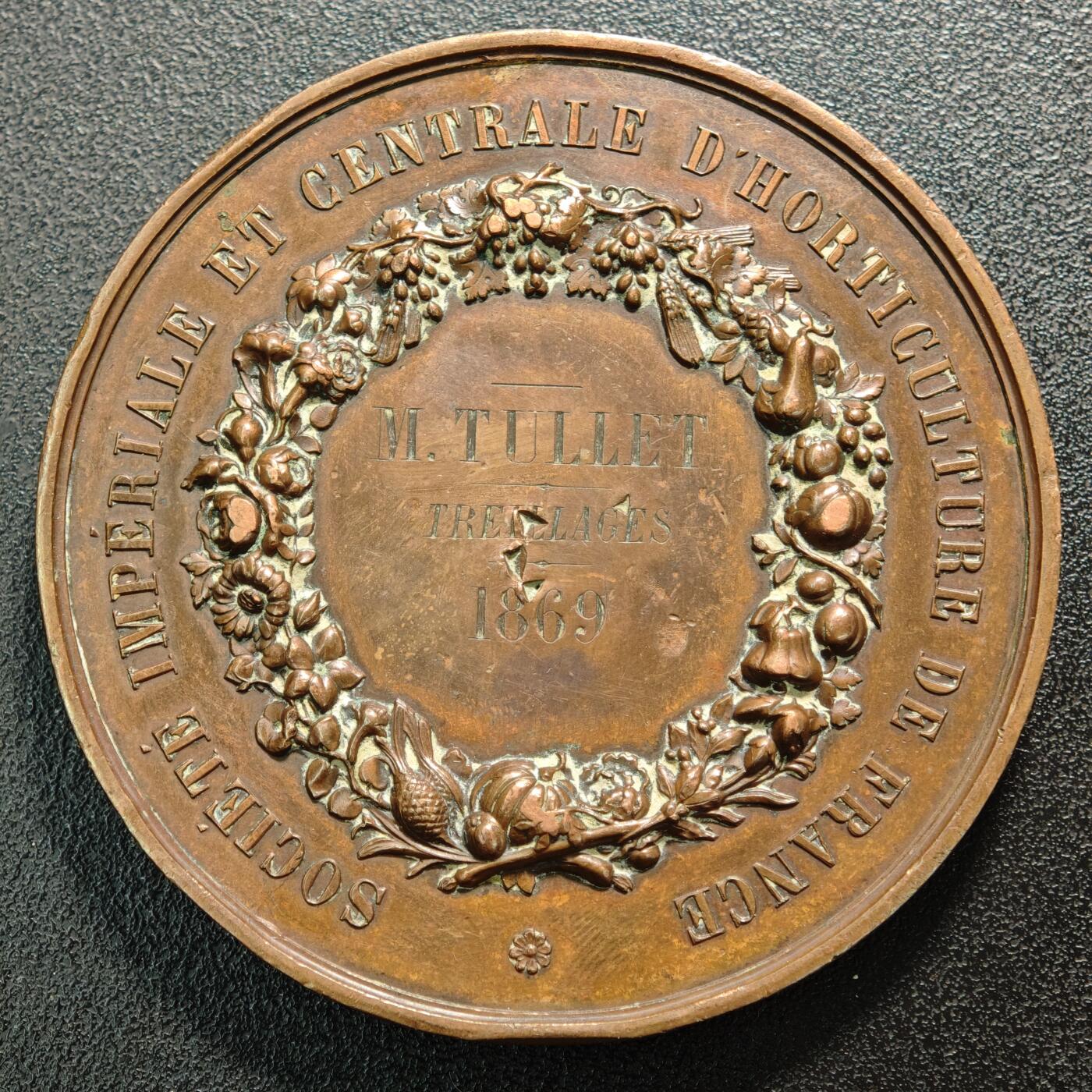 【德藏】世界币章拍卖第154期（拍品征集中~欢迎藏友联系） 1869年(刻字) 法国拿破仑三世农业协会奖章纪念大铜章 蜜蜂边铭 直径约：68.2mm；重约：155.3g 高浮雕立体感极强