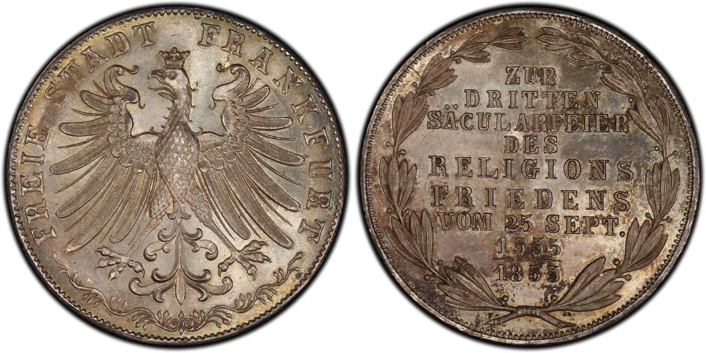 博洋堂世界钱币拍卖第147期（全场包邮） PCGS MS66 1855年德国法兰克福纪念宗教和平300周年纪念2盾银币，天花板级别的分数，超级高分，两面均匀欧洲包浆，些许镜面效果状态极为出色，两周前同品种65PL拍了接近12000，此枚分数更高值得藏家重点关注