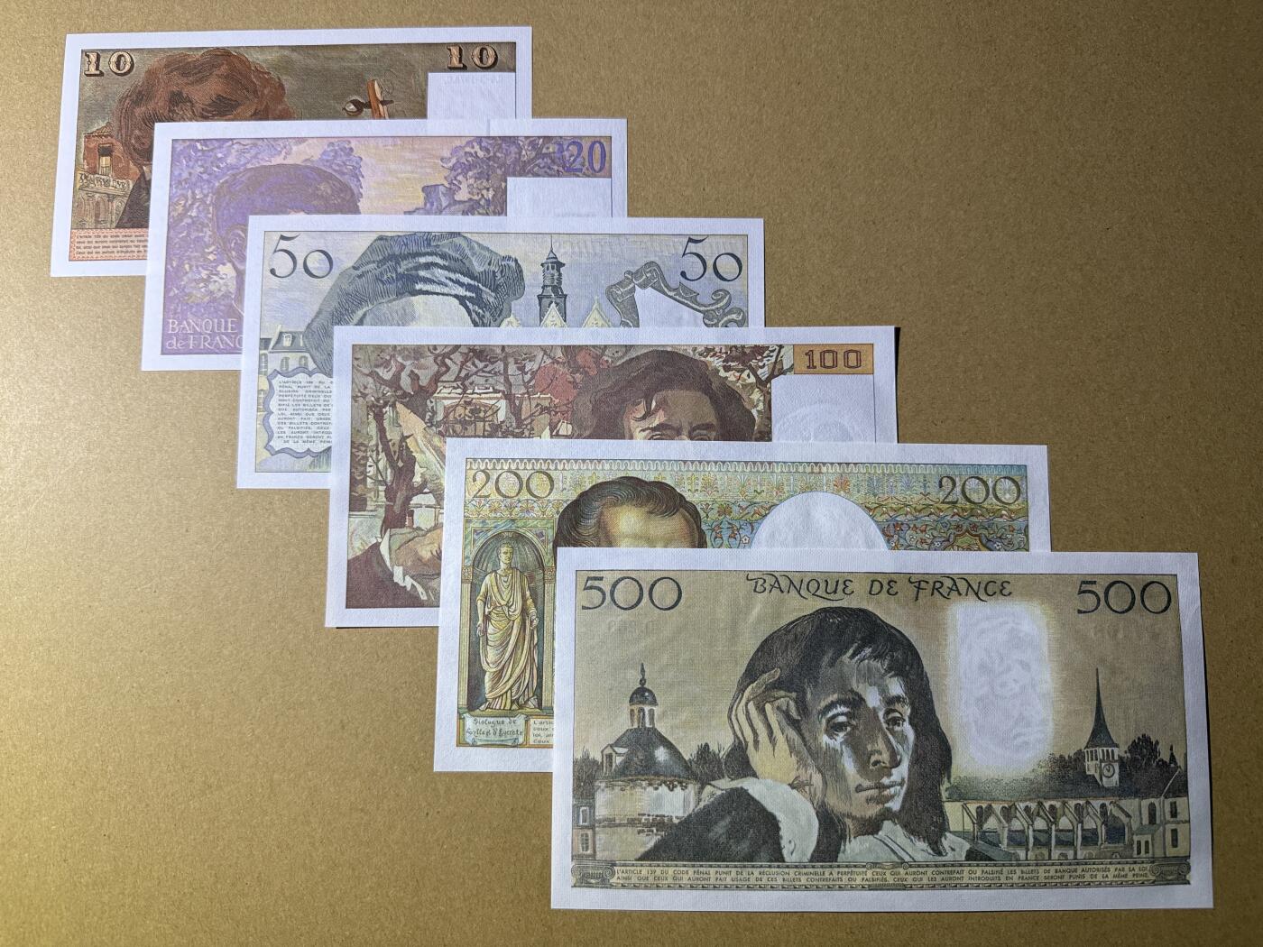 《艾美收藏》第221期-11.23周日黄金场精品荟萃 法国10、20、50、100、200、500法郎6张 UNC 倒二版一套 全部原票好品