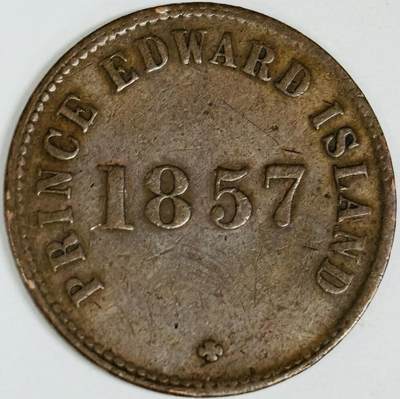 文馨钱币收藏第 282 场，【 长期接收代拍品】，加拿大老铜代用币，银币，德三系列场 - 罕见 爱德华王子岛1857年自治政府自由贸易一分铜币