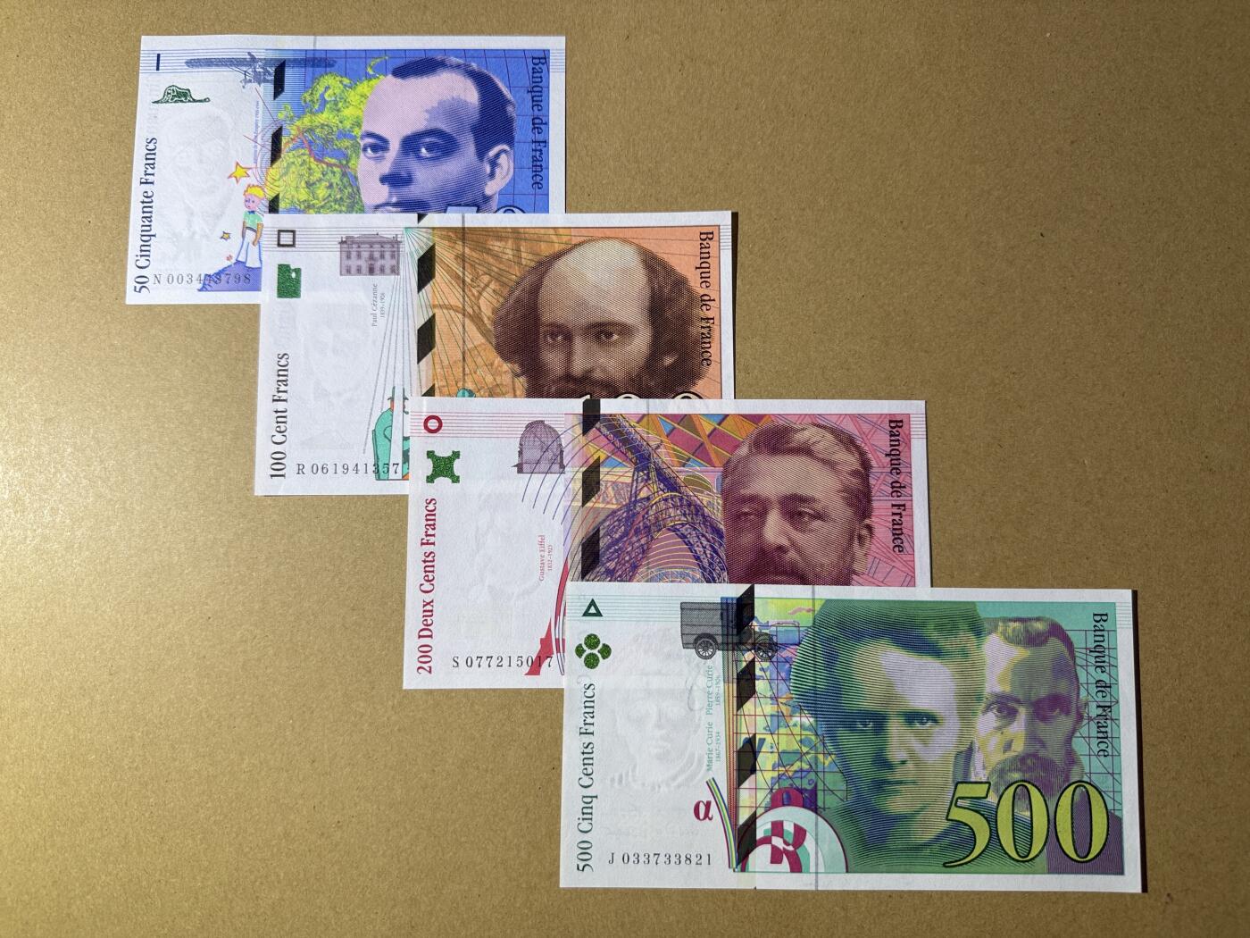 《艾美收藏》第221期-11.23周日黄金场精品荟萃 法国50、100、200、500法郎4张 UNC 末版一套 50法郎小王子为1992年初版 全部原票好品