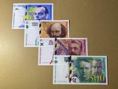 《艾美收藏》第221期-11.23周日黄金场精品荟萃 - 法国50、100、200、500法郎4张 UNC 末版一套 50法郎小王子为1992年初版 全部原票好品