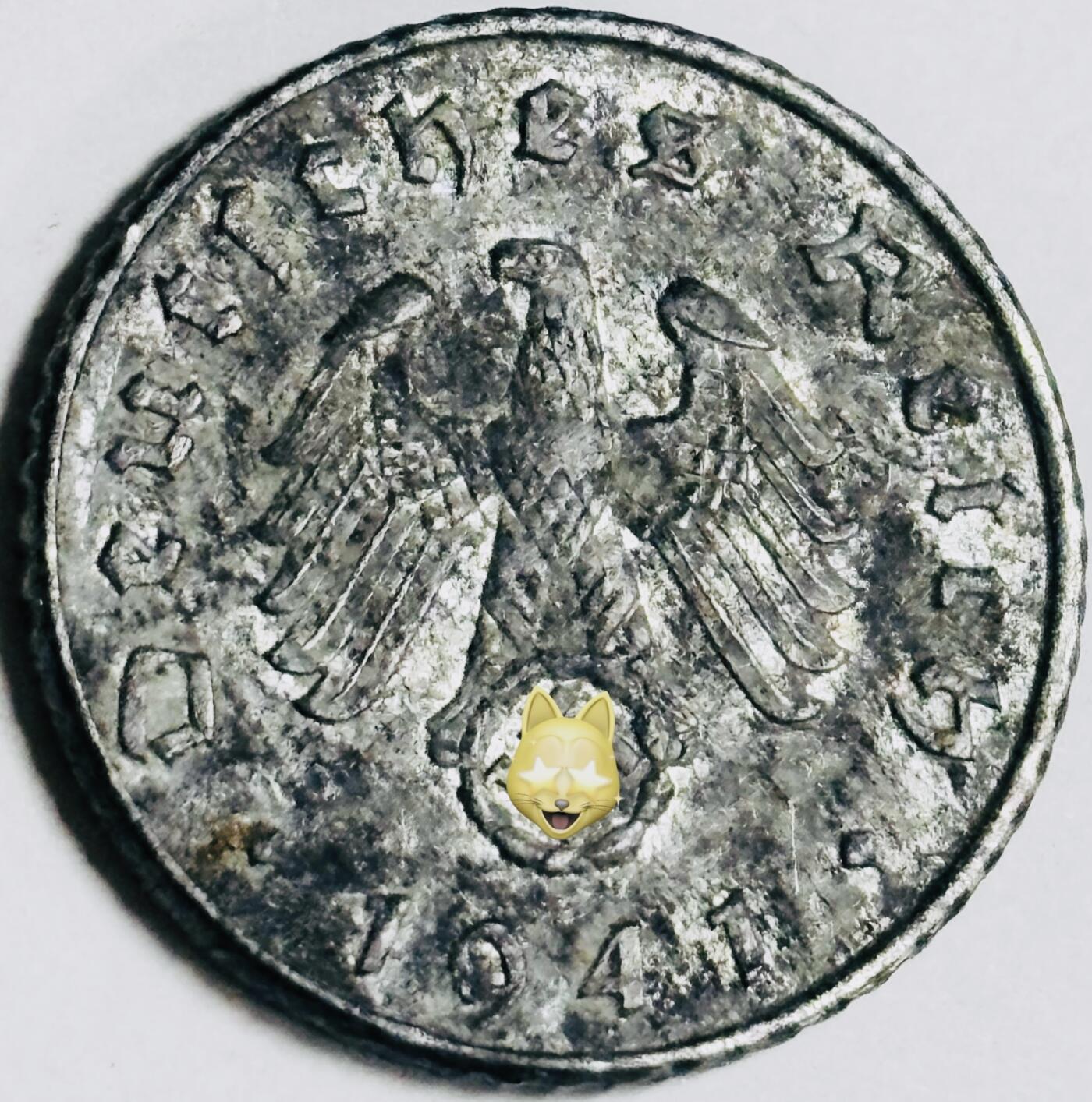 文馨钱币收藏第 282 场，【 长期接收代拍品】，加拿大老铜代用币，银币，德三系列场 极美品 1941 年德三帝国 5 芬尼锌币 A 标，锌币保存不易，品相佳，收藏不错