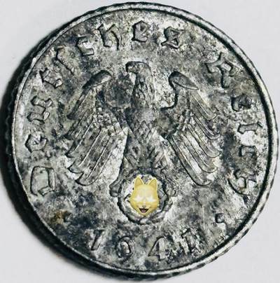 文馨钱币收藏第 282 场，【 长期接收代拍品】，加拿大老铜代用币，银币，德三系列场 - 极美品 1941 年德三帝国 5 芬尼锌币 A 标，锌币保存不易，品相佳，收藏不错