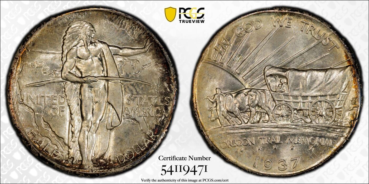博洋堂藏家专场系列之美国钱币白金之夜专场暨第148期（全场包邮） PCGS MS67 美国1937 D 俄勒冈半美元小径纪念币 这枚硬币的设计被公认为美国铸币史上最美丽的艺术品之一 该币的发行旨在支持俄勒冈小径纪念协会的纪念标志和教育工作 发行量仅为12,008枚 获得此等高分凤毛麟角 此枚麦稀奇所见最高分 人像面环状赤红包浆 双面覆盖老包浆 极具吸引力 绝佳的藏品