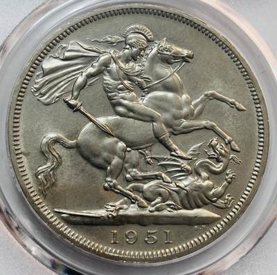 文馨钱币收藏第 282 场，【 长期接收代拍品】，加拿大老铜代用币，银币，德三系列场 - 1951 年英国乔治六世马剑 5 先令纪念币，早期 BC 评级 MS68 分，盒子币售出不退不换