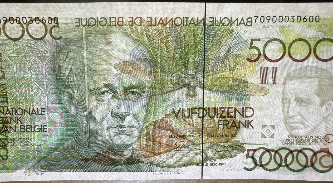 《艾美收藏》第221期-11.23周日黄金场精品荟萃 比利时5000法郎 UNC 比利时诗人哥赛尔 大蜻蜓 原票好品 仅轻微荧光 无4