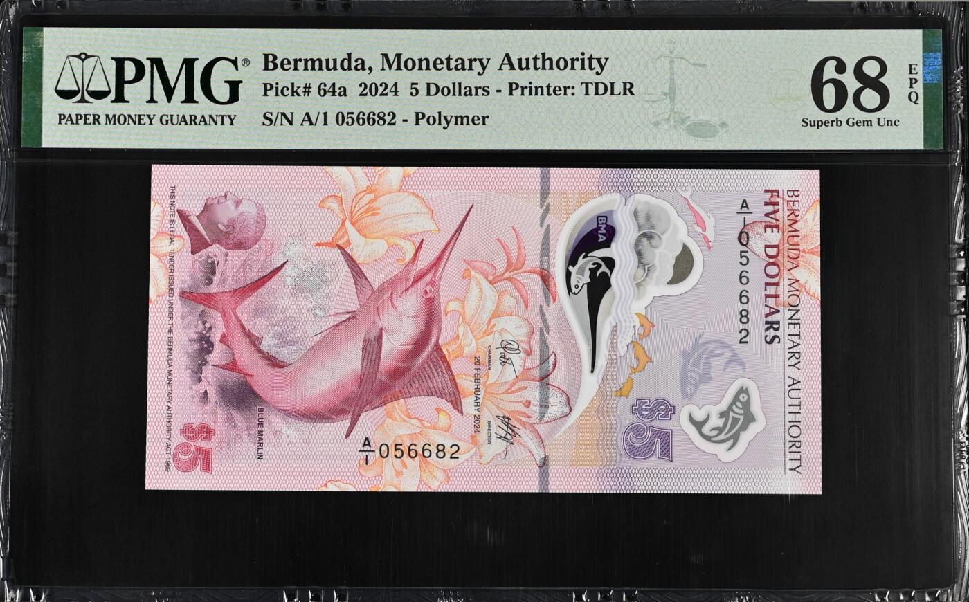 《艾美收藏》第221期-11.23周日黄金场精品荟萃 百慕大5元 PMG68E 2024年塑料钞 A1冠无47 IBNS世界最佳纸币今年最新获奖钞