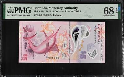 《艾美收藏》第221期-11.23周日黄金场精品荟萃 - 百慕大5元 PMG68E 2024年塑料钞 A1冠无47 IBNS世界最佳纸币今年最新获奖钞