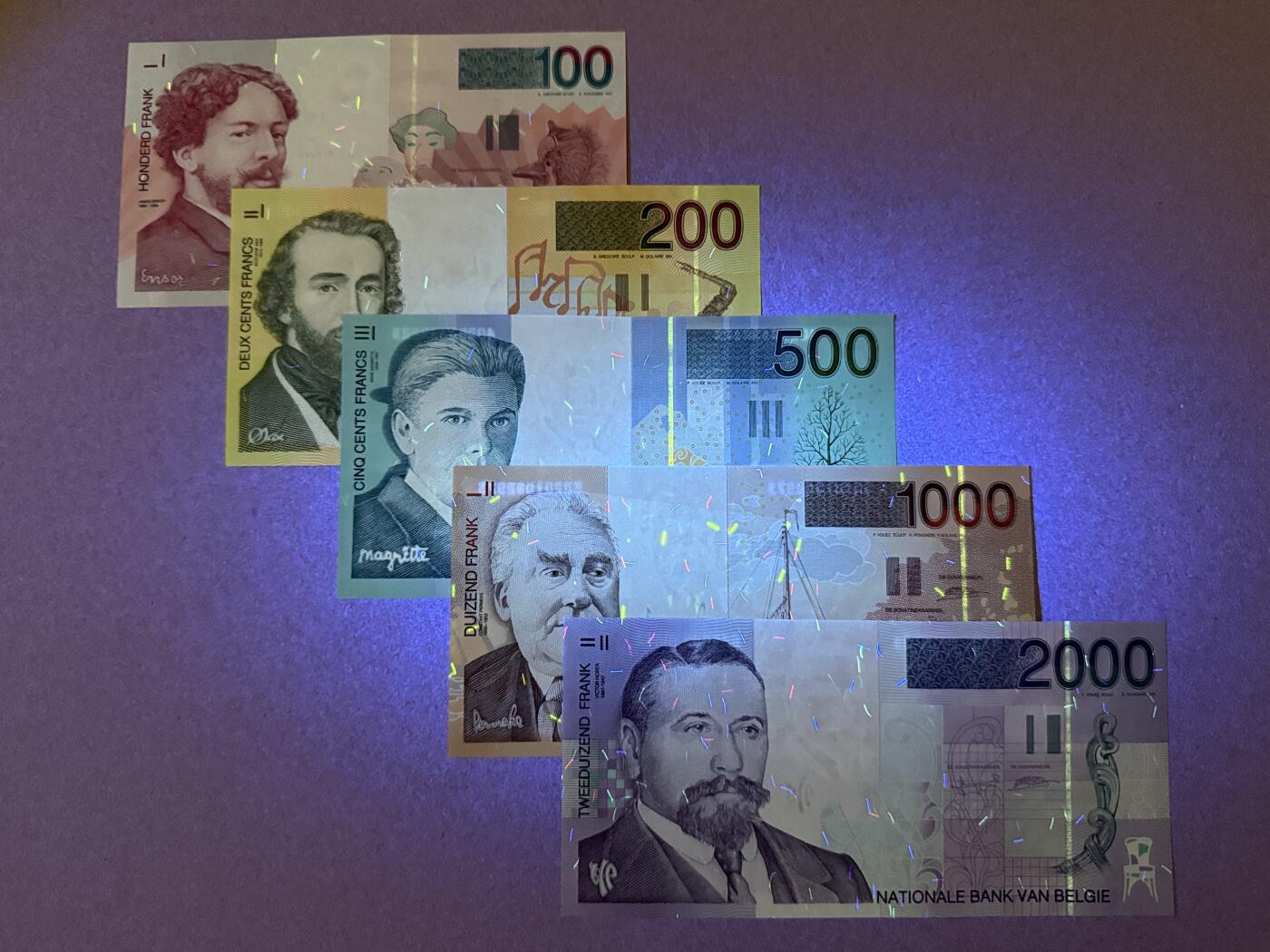 《艾美收藏》第221期-11.23周日黄金场精品荟萃 比利时100、200、500、1000、2000法郎5张UNC 末版 全部原票绝品 非常难得