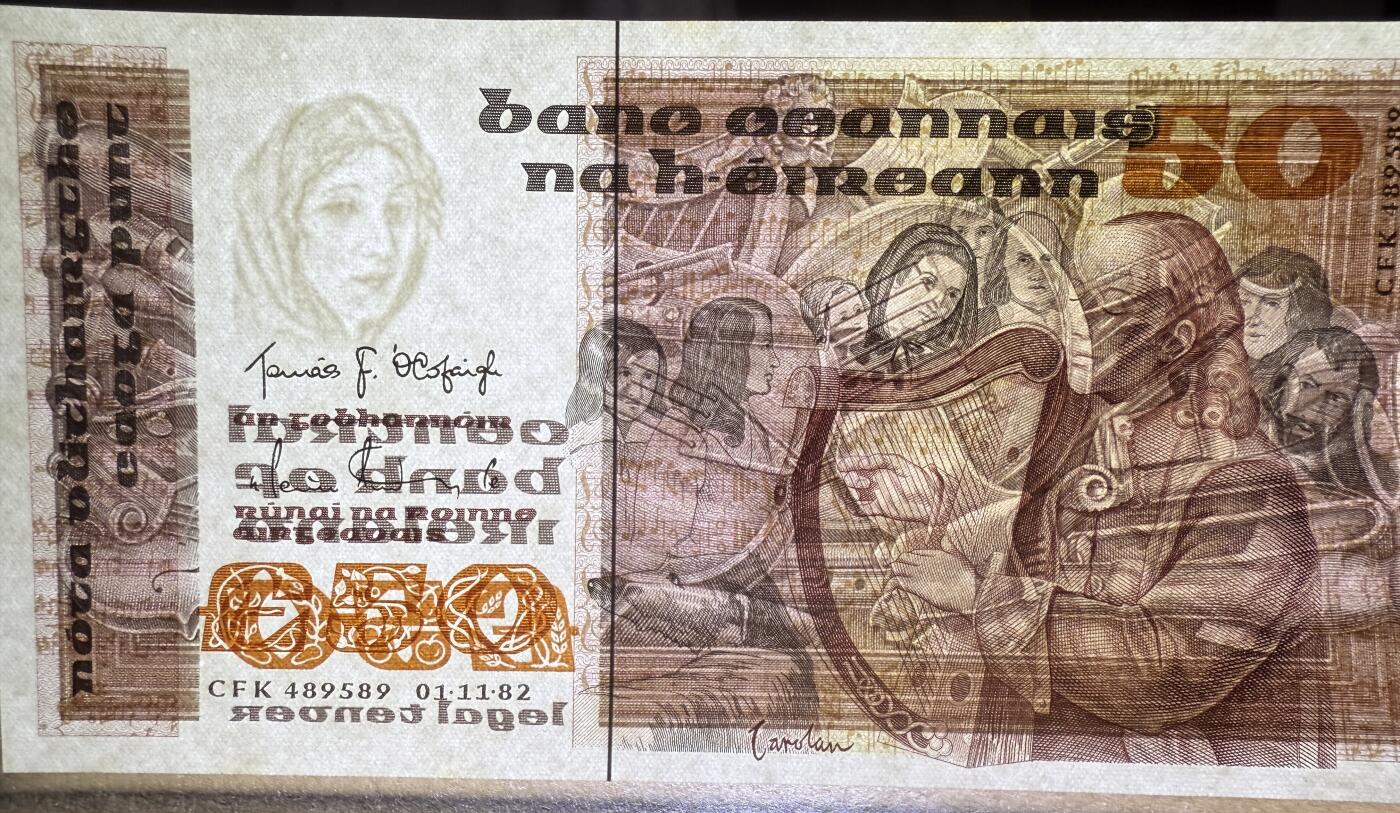 《艾美收藏》第221期-11.23周日黄金场精品荟萃 爱尔兰50镑 UNC 1982年 爱尔兰盲人竖琴师奥卡罗兰 原票好品 仅边缘轻微荧光