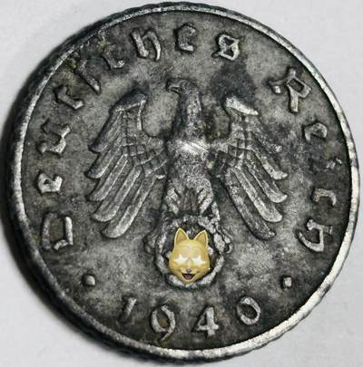 文馨钱币收藏第 282 场，【 长期接收代拍品】，加拿大老铜代用币，银币，德三系列场 - 极美品 1940 年德三帝国 5 芬尼锌币 A 标，锌币保存不错，收藏不错