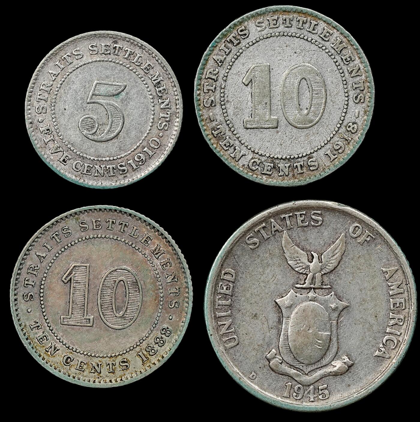 修遠堂世界钱币第九十四期 英属海峡，美属菲律宾小银币4枚 10.55g
