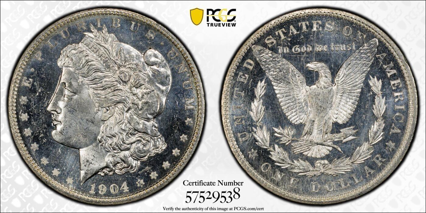 博洋堂藏家专场系列之美国钱币白金之夜专场暨第148期（全场包邮） PCGS MS64PL 美国1904 O 摩根 镜面底板 霜感十足 十字转光