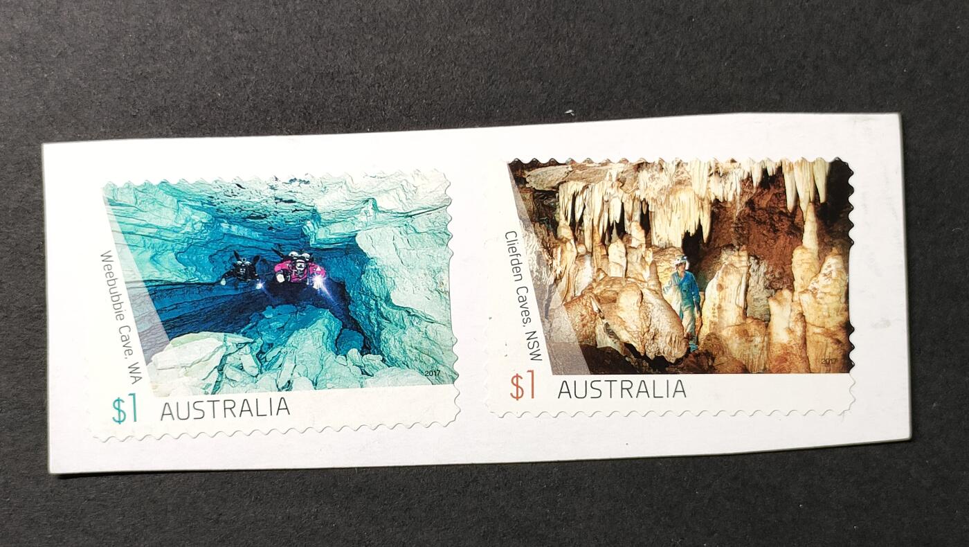 嘉禾收藏    【第386期】            无佣金、可寄存、满30元包邮 澳大利亚邮票，2017年洞穴·新南威尔士州的克利夫登洞穴和西澳大利亚的威布比洞穴不干胶邮票2全