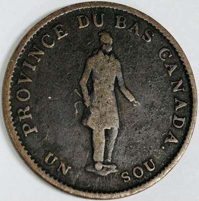 文馨钱币收藏第 282 场，【 长期接收代拍品】，加拿大老铜代用币，银币，德三系列场 - 稀少极美品 1837年英属魁北克（下加拿大）1/2半便士代用老铜币