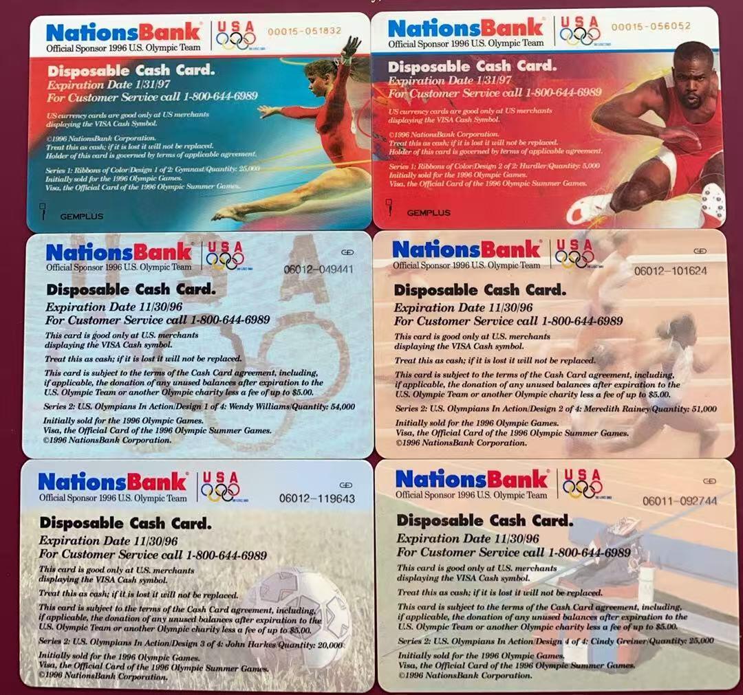 《卡拍》第340期拍卖11月22日晚22：10时延时截拍 美国国家银行VISA Cash现金卡《96亚特兰大奥运会（一）、（二）》两组六枚IC卡，芯片有氧化，中上品。