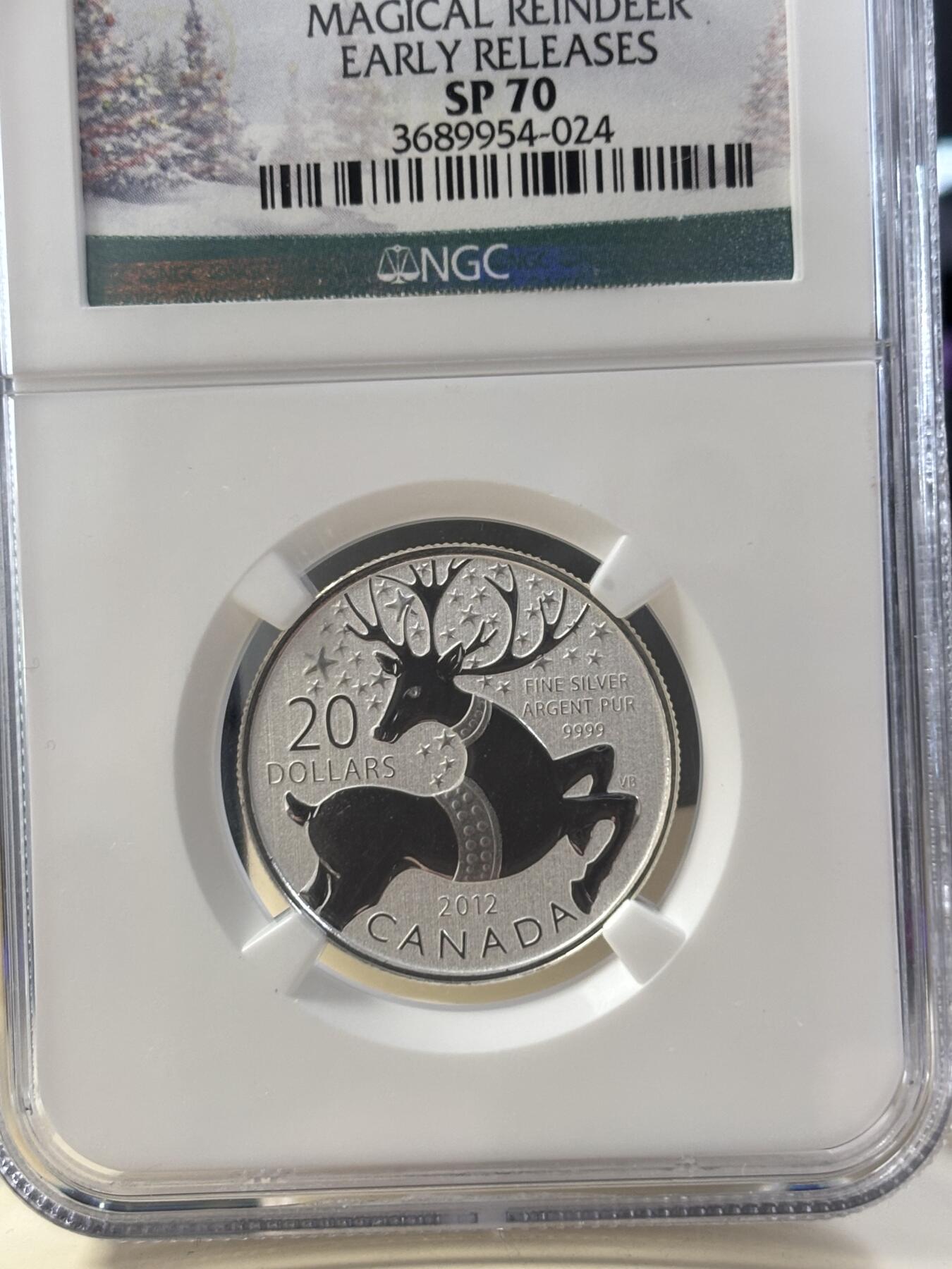 第182期拍卖 加拿大2012年20换20系列圣诞节驯鹿银币NGC-SP70，1/4盎司，9999银