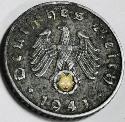 文馨钱币收藏第 282 场，【 长期接收代拍品】，加拿大老铜代用币，银币，德三系列场 - 极美品 1941 年德三帝国 5 芬尼锌币 A 标，锌币保存不错，收藏不错