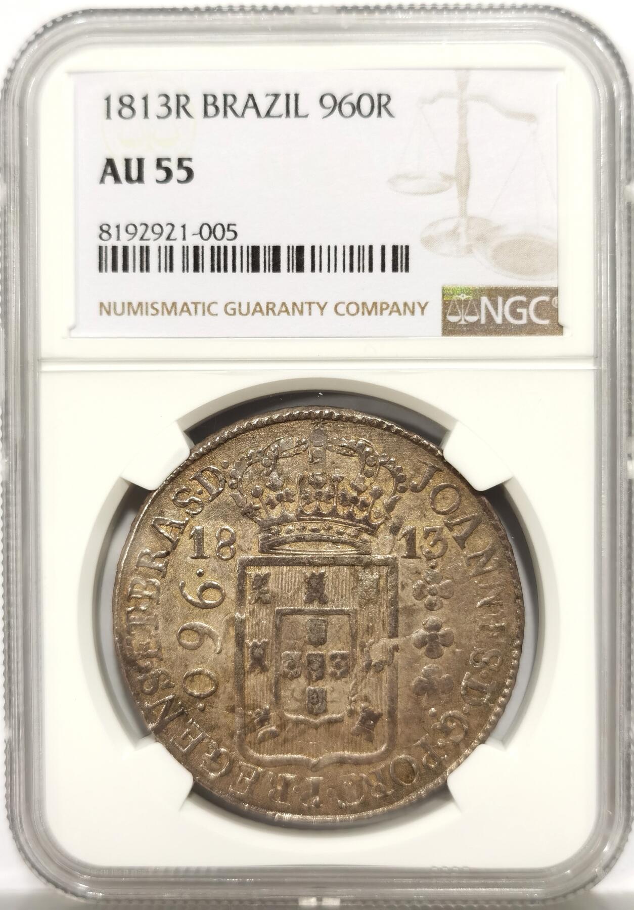 博洋堂世界钱币拍卖第147期（全场包邮） NGC AU55 巴西1813年R版960里亚尔大银币，打制在西属双柱大银币上品种，非常有特色，也是海外近两年最受欢迎的品种之一。早期年份相对来说比较少见，类似状态的的麦稀奇已经有多年未见，非常漂亮的原味欧洲包浆