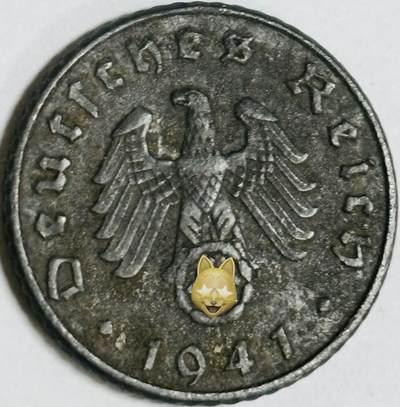 文馨钱币收藏第 282 场，【 长期接收代拍品】，加拿大老铜代用币，银币，德三系列场 - 极美品 1941 年德三帝国 5 芬尼锌币 A 标，锌币保存不易，品相佳，收藏不错