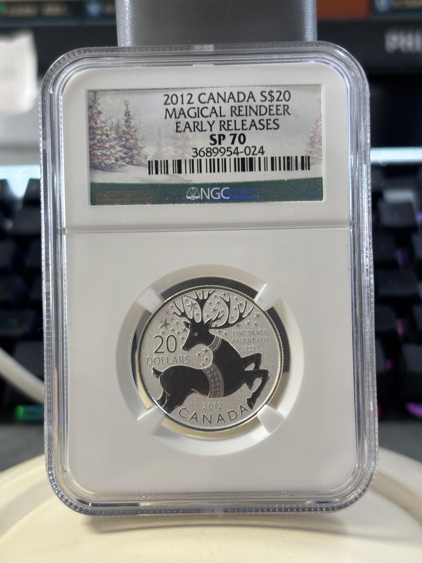第182期拍卖 加拿大2012年20换20系列圣诞节驯鹿银币NGC-SP70，1/4盎司，9999银
