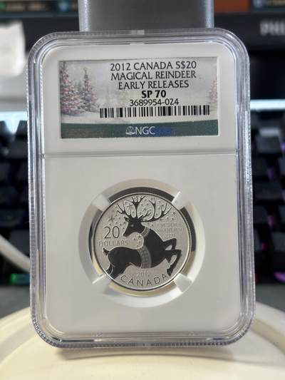 第182期拍卖 - 加拿大2012年20换20系列圣诞节驯鹿银币NGC-SP70，1/4盎司，9999银