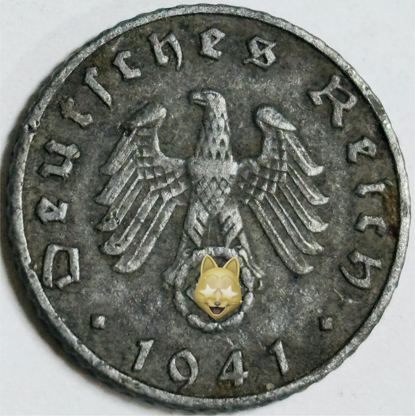 文馨钱币收藏第 282 场，【 长期接收代拍品】，加拿大老铜代用币，银币，德三系列场 极美品 1941 年德三帝国 5 芬尼锌币 B 标，锌币保存不易，品相佳，收藏不错