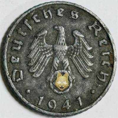 文馨钱币收藏第 282 场，【 长期接收代拍品】，加拿大老铜代用币，银币，德三系列场 - 极美品 1941 年德三帝国 5 芬尼锌币 B 标，锌币保存不易，品相佳，收藏不错