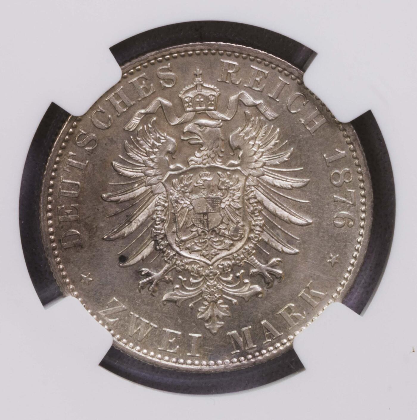 NGC-MS64 1876巴伐利亚路德维希二世短翅2马克银币