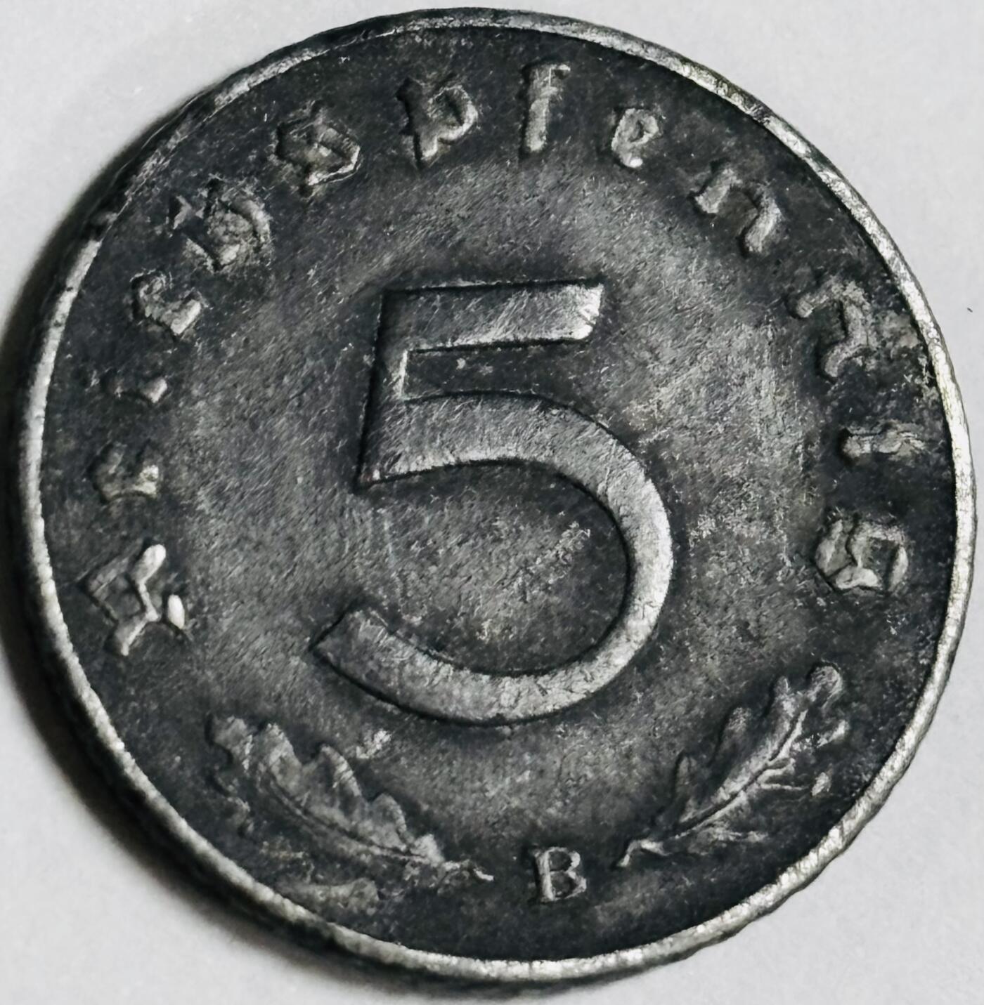 文馨钱币收藏第 282 场，【 长期接收代拍品】，加拿大老铜代用币，银币，德三系列场 极美品 1941 年德三帝国 5 芬尼锌币 B 标，锌币保存不错，收藏不错