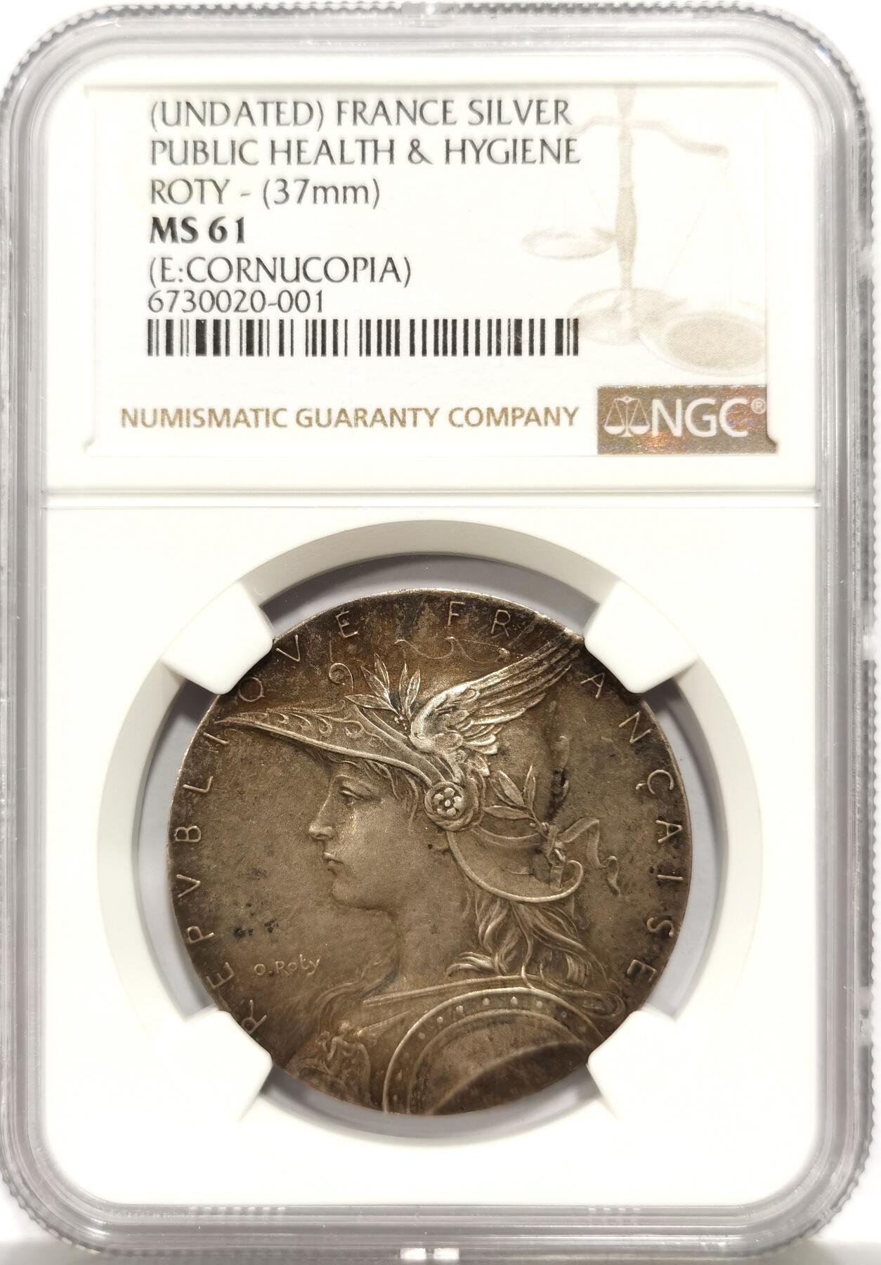 博洋堂世界钱币拍卖第147期（全场包邮） NGC MS61 法国公共卫生与清洁委员会纪念银章，经典玛丽安娜头像，罗蒂作品
