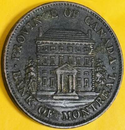 文馨钱币收藏第 282 场，【 长期接收代拍品】，加拿大老铜代用币，银币，德三系列场 - 稀少三全美品英属加拿大蒙特利尔银行1844年半便士1/2便士铜币代用币直径，巧克力包浆，历史流通的痕迹与沉淀