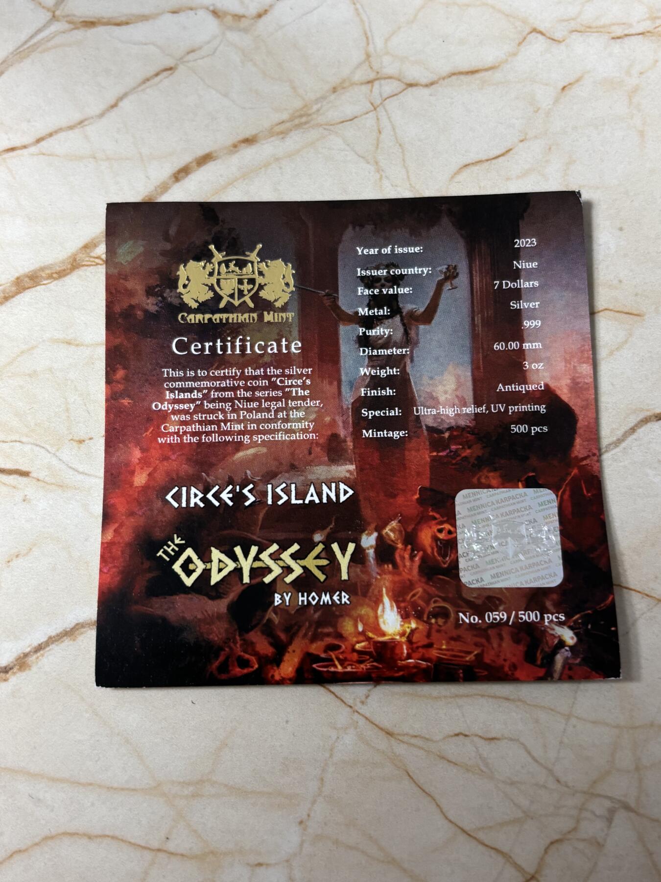 第183期拍卖 纽埃2023年希腊史诗奥德赛奥德修斯和女巫 3盎司纪念银币，999银，发行500枚，